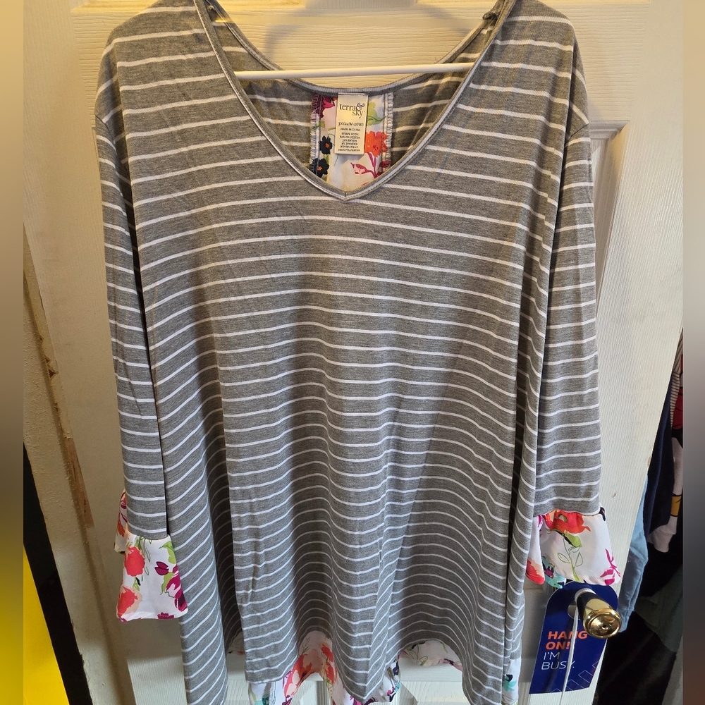 Terra & Sky Floral and Gray Striped Top